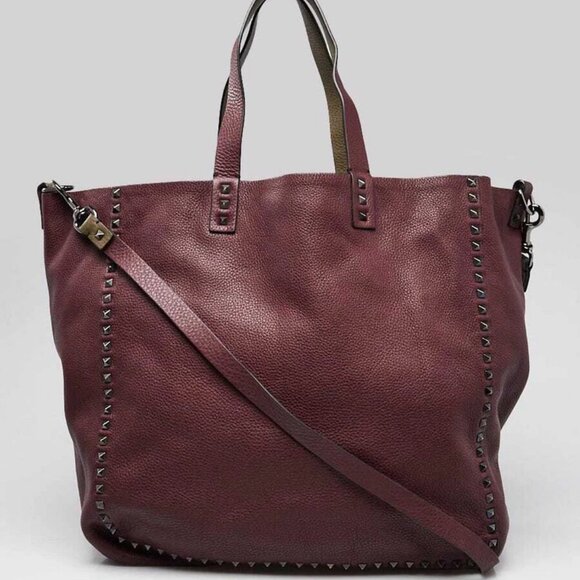 Valentino Burgundy/Green Pebbled Leather Rockstud Convertible Reversible Tote... - Picture 1 of 10